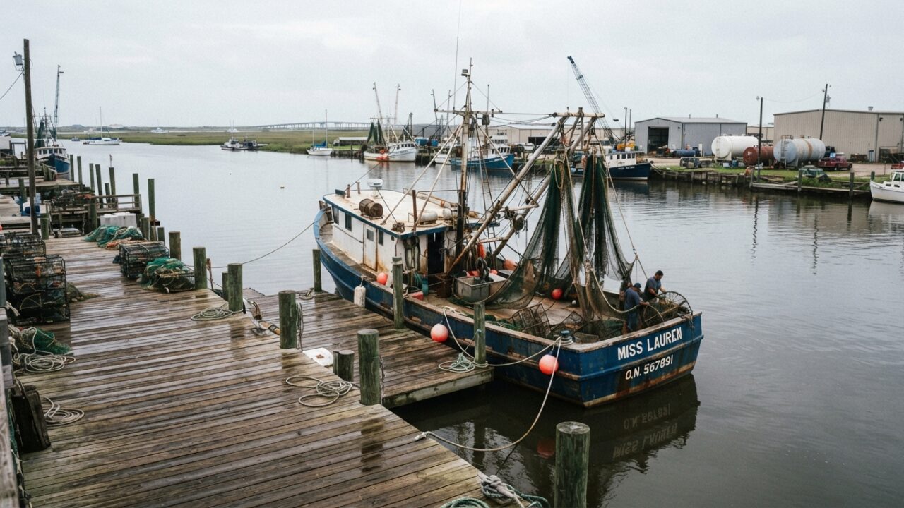 Commercial fishing vessel moored at Texas coastal dock with nets