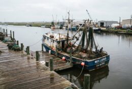 Commercial fishing vessel moored at Texas coastal dock with nets