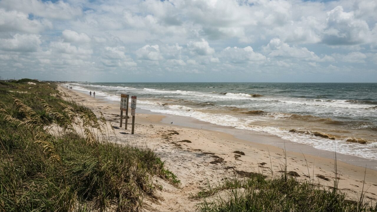 Galveston beach showing discolored water from red tide bloom with warning signs visible