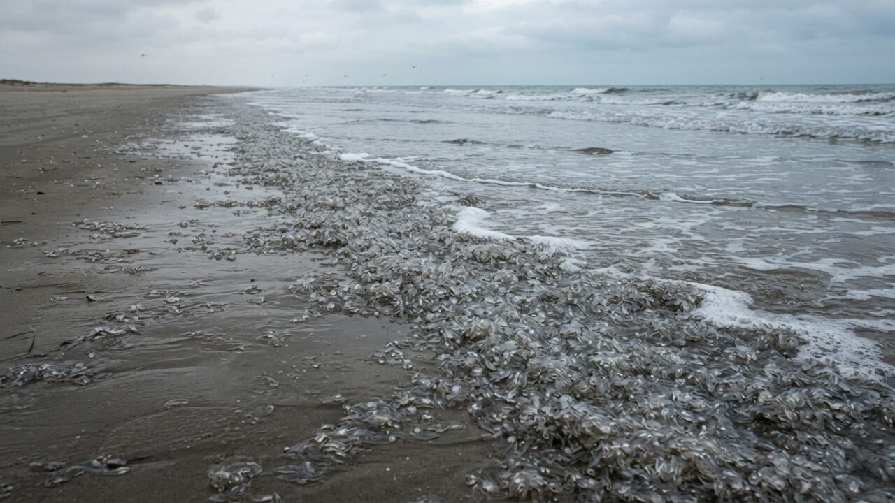 Dense accumulation of sea butterflies washed ashore on Texas beach