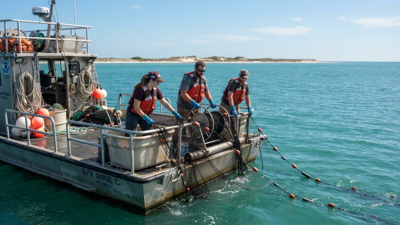Texas Parks and Wildlife research crew conducting gillnet survey operations in Gulf coastal waters