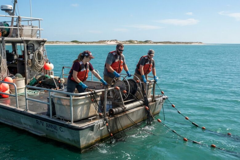 Texas Parks and Wildlife research crew conducting gillnet survey operations in Gulf coastal waters