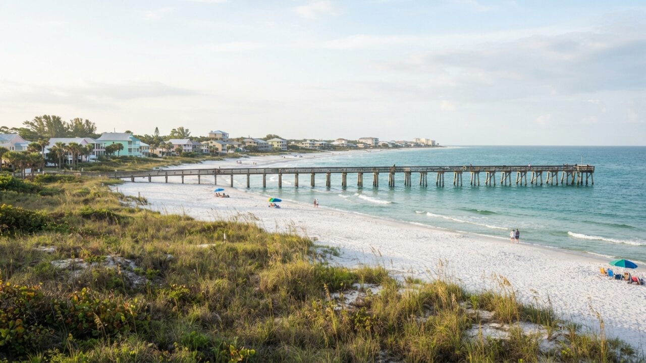 Quiet Alabama Gulf Coast beach town with white sand, fishing pier, and uncrowded shoreline